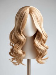 Wig mock-up on mannequin with clean studio look Elegant long blondewavy wig displayed on a stand, perfect for fashion or costume styling in various looks.