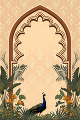 Elegant peacock in tropical garden with ornate archway background