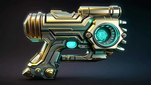 Futuristic gold and teal sci-fi blaster with intricate designs against a dark background