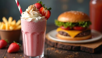 Strawberry milkshake, burger fries on wood table. Milkshake with whipped cream, fresh strawberry slice. Burger with cheese, tomato, lettuce on sesame bun. American fast food, tasty, delicious meal.