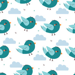 Obraz premium seamless pattern cartoon birds with blue clouds. cute animal pattern for wallpaper, background and gift wrap paper