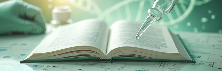 Fototapeta premium Open book with text on DNA genetic chain background. Pipette with drop of liquid over page. Molecular biology, biotechnology, science, medical research concepts.