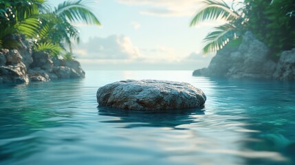 Zen-like floating rock stand surrounded by smooth water waves and artistic tropical leaves