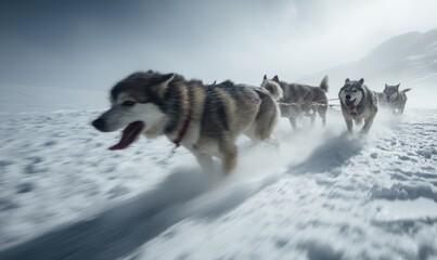 Naklejka premium 눈보라 속 질주하는 알래스칸 말라뮤트 썰매견 팀