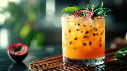 Exotic passionfruit and gin cocktail with an elegant garnish, placed on a bamboo bar