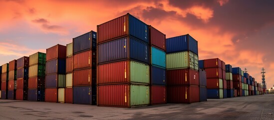 Fototapeta premium Stack of Containers Import and Export in Harbor, Container Logistics Industry. Business Commercial Dock and Transportation.