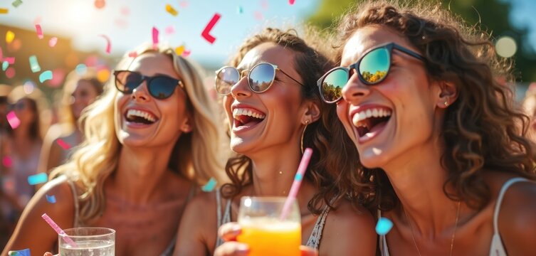 Joyful women enjoy bachelorette party outdoors with drinks, confetti under sunlight. Friends celebrating life moments wearing sunglasses. Happy ladies fun. Party, celebration, enjoyment, friendship,