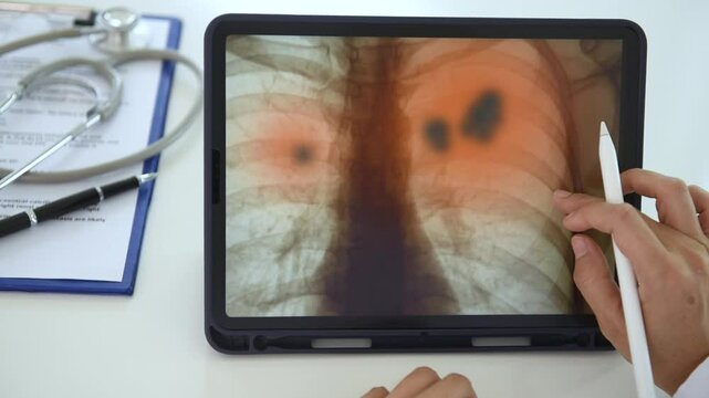 Doctor using tablet diagnosing chest x-ray of patient on lung disease  emphysema, bone cancer or covid-19 illness with radiology for medical health checkup.