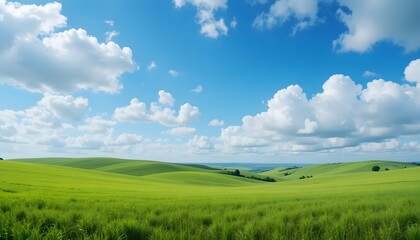 Obraz premium Green Meadow Hill with Blue Sky and White Clouds – Generative AI