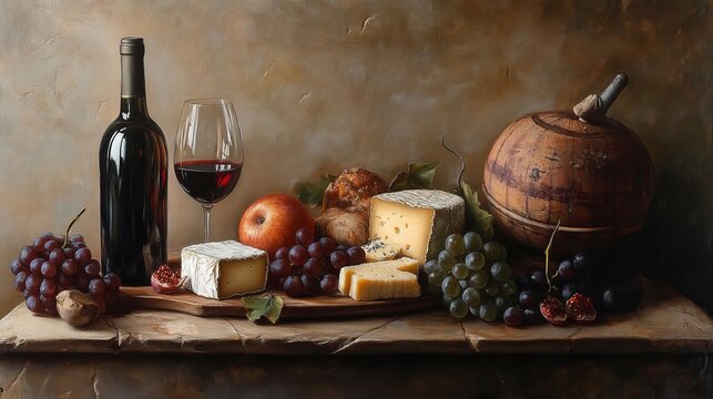 Still life painting featuring wine bottle cheese grapes and fruit on a wooden surface with neutral background