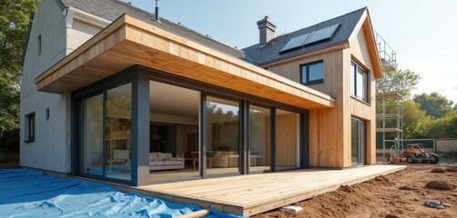 Modern house undergoing construction new timber frame extension. Large windows showcase living area. Contemporary design with wood elements, sustainable eco building materials. Sunny day, residential