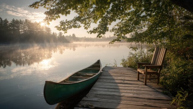 Canoe on dock at misty lake sunrise - Powered by Adobe