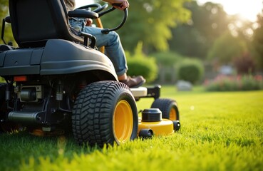Gardener driving riding lawn mower cuts green grass in sunny garden. Man in work, lawncare, mowing lawn. Gardening, landscaping, maintenance equipment. Tractor for yard work.
