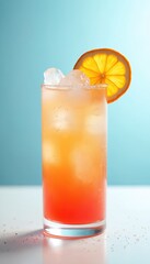 Refreshing tequila sunrise cocktail with orange slice garnish. Bright drink with ice in a tall glass, tropical vibe. Perfect for summer party. Citrus beverage for leisure vacation.