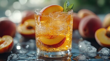 Peach and citrus cocktail, refreshing and sparkling, served in transparent glasses with ice