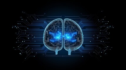 Obraz premium Digital brain illustration with glowing blue circuits on a black background concept design art