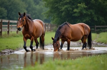 Fototapeta premium Two horses play in puddle of water in flooded field. Brown animals splash in water. Beautiful scene captures horse fun in nature. Summer day, rural landscape. Horses in pasture.