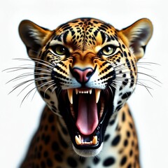 Obraz premium Close-up of angry leopard Panthera pardus growling and baring fangs, isolated on white background. Wild cat feline predator shows sharp teeth, open mouth. Safari, zoo, wildlife animal.