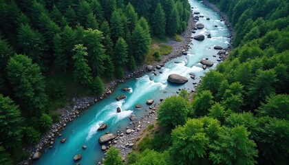 Aerial view of mountain river flowing through green forest. Turquoise water, rocky riverbed, dense trees create vibrant scenic landscape. Perfect for eco tourism, travel, nature visuals, outdoor