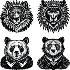 Bear head with crown. Silhouette logo animal mascot. Royal ursine crest a majestic portrait headwear for emblem design.
