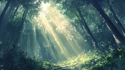 Obraz premium Sunlight streams through tall trees illuminating a forest path with lush green vegetation below