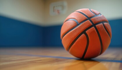 Obraz premium Close-up of basketball on indoor court. Orange ball with black lines rests on wood floor. Basketball game concept, sports activity, training, competition, gym.