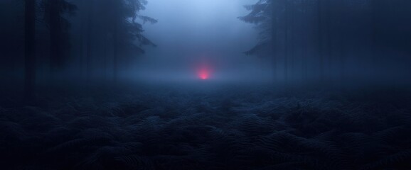 Mysterious Red Glow in a Dark Misty Forest