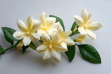 Fototapeta premium Elegant Yellowish White Magnolia Flowers with Green Leaves on White Background