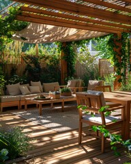 Fototapeta premium Serene Outdoor Patio with Wooden Pergola, Comfortable Seating, and Lush Greenery
