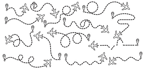 Seamless Airplane Route Pattern &ndash; Dotted Line Travel Icons Background