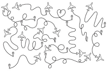 Seamless Airplane Route Pattern – Dotted Line Travel Icons Background