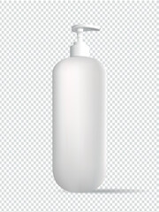 Blank white plastic pump bottle mockup, isolated, 3d rendering. Empty face or body fluid can with dispenser mock up, front view. Clear pomp jar for antiseptic soap mokcup template., bottle