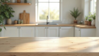Empty wooden table top in modern white kitchen interior with sunlight. Kitchen panel in background with white cabinets wooden counter. Design product display. Suitable for product presentation food