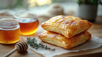 Honey-filled pastries on parchment, beside honey and tea