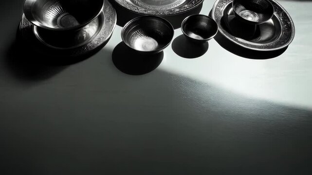 Elegant composition of various sized vintage metallic bowls and plates with ornate designs on a white reflective surface.