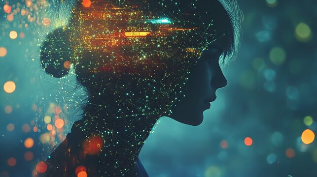 Silhouette of a woman with glowing network overlay and bokeh lights on a blue green background