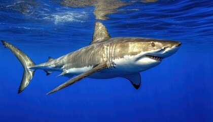 Fototapeta premium 대양의 포식자: 백상아리 수중 촬영