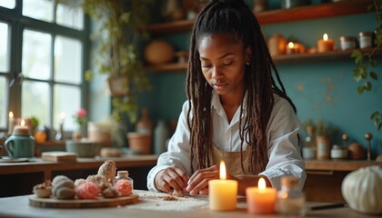 Black woman makes cosmetics with natural ingredients in artisanal beauty workshop. Aromatherapy, candles, flowers on table, beauty studio interior. Homemade beauty products. Female creator, face care.