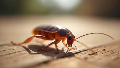 Fototapeta premium Macro shot cockroach crawling wooden surface. Pests insect pest control theme. Low angle view captures insect detail. Pest infestation problem, extermination services.