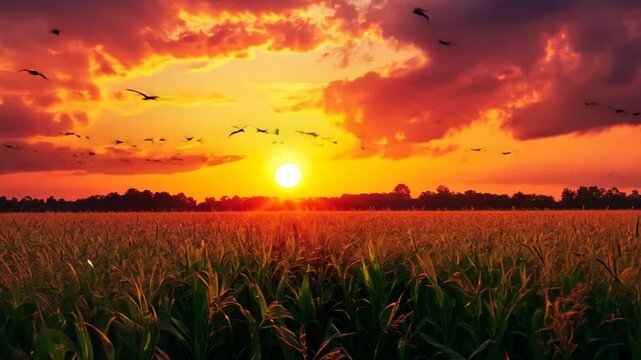 A mesmerizing golden hour over a tranquil cornfield as birds fly to their roosts in the evening light