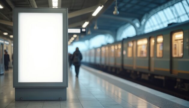 Vertical advertising billboard with empty digital screen on railway station. Blank white poster, public information board for advertising, marketing display promotion. Train station platform blurred