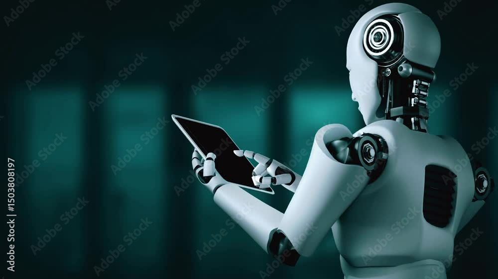 Poster robot hominoid using tablet computer for big data analytic using ai thinking brain , artificial inte