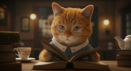 Ginger tabby cat wearing glasses reading a book with a teacup nearby
