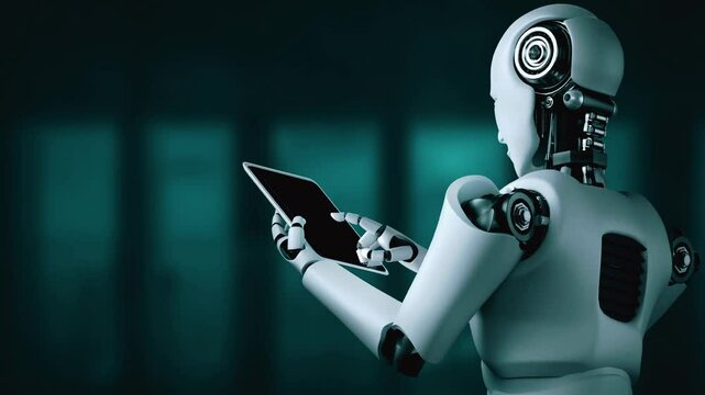 Robot hominoid using tablet computer for big data analytic using AI thinking brain , artificial intelligence and machine learning process for the 4th fourth industrial revolution . 3D rendering.