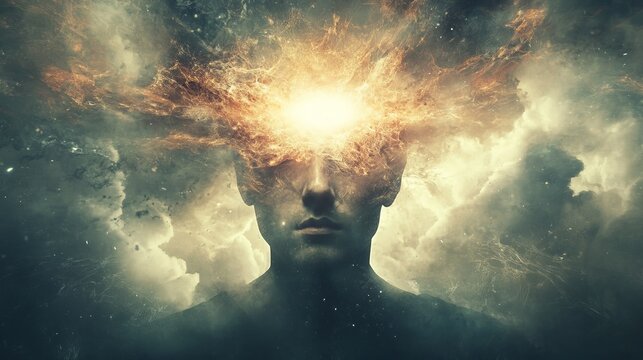 A man with exploding mind surrounded by clouds and bright light emanating from his head area