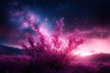 Night Sky Nebula Over Silhouetted Tree, Pink and Purple Hues, Textured Landscape