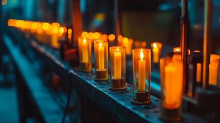 Row of lit candles in glass holders with blurred background creating warm and cool color contrasts