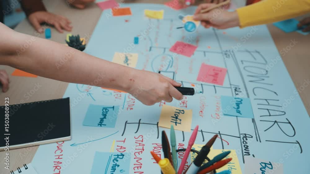 Poster a dynamic team engages in collaborative brainstorming, utilizing a flowchart and colorful sticky not