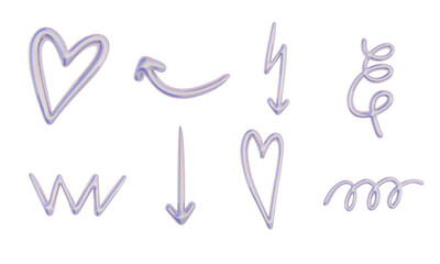 Glossy Pastel Doodle Arrow Heart Line. A whimsical collection of 3d pastel glossy line elements including hearts arrows zigzags spirals and curly doodles. Perfect for aesthetic graphics fun icon