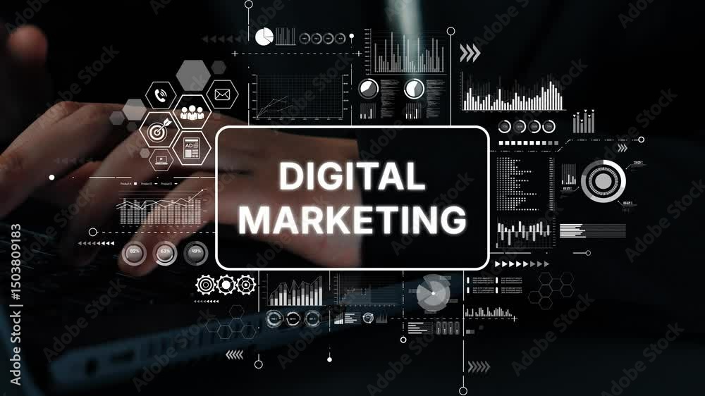 Poster professional hands typing on keyboard with digital marketing graphics overlay in modern business env